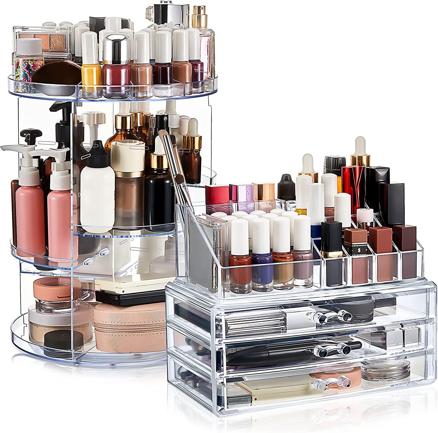 Maitys Set of 2 360° Rotating Makeup Organizer and Makeup Display Box 3 Drawers Stackable Storage Box Adjustable Makeup Organizer for Jewelry Accessories Lipstick Transparent Color