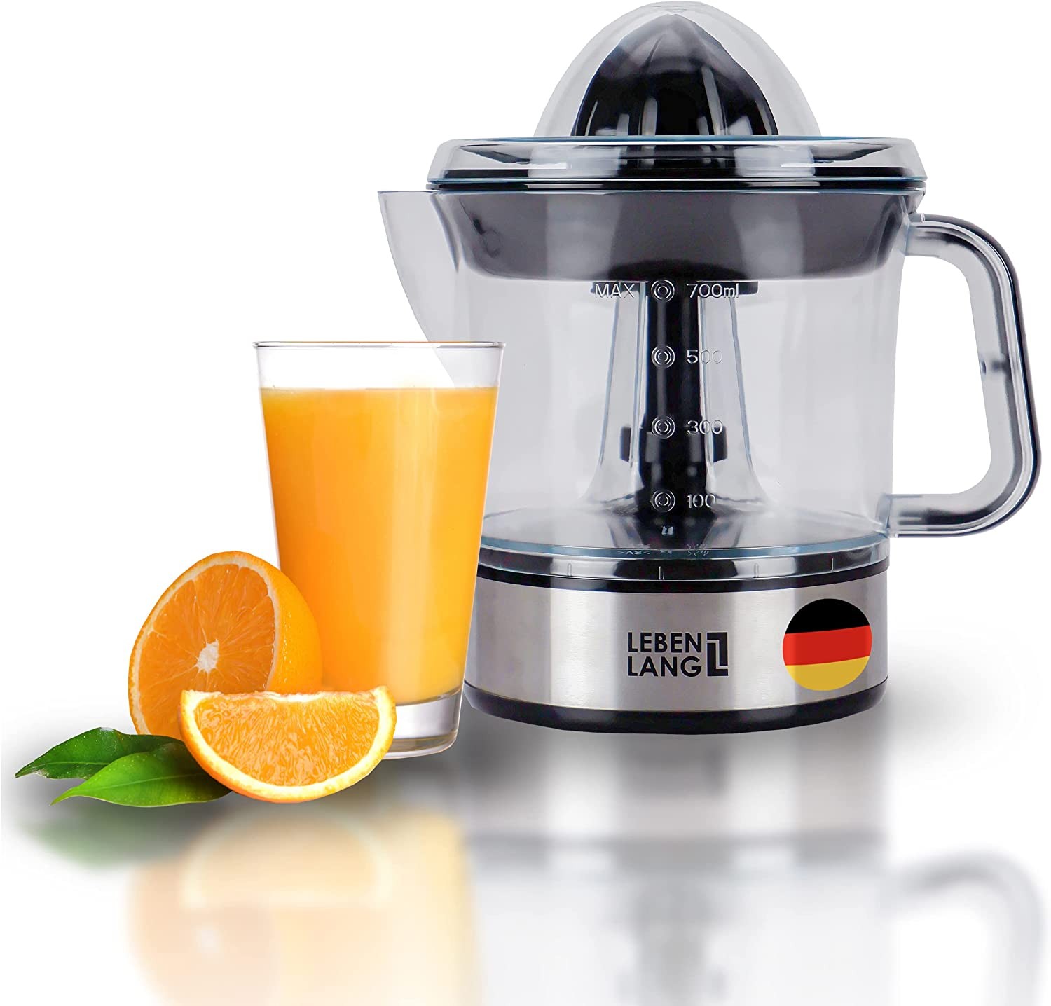 LEBENLANG – Electric juicer max juice yield | Citrus juicer + 2 cones 40W | Lemon, lime, orange, fresh fruit juice squeezer machine | Automatic lever press extractor | exprimidor de naranjas electrico