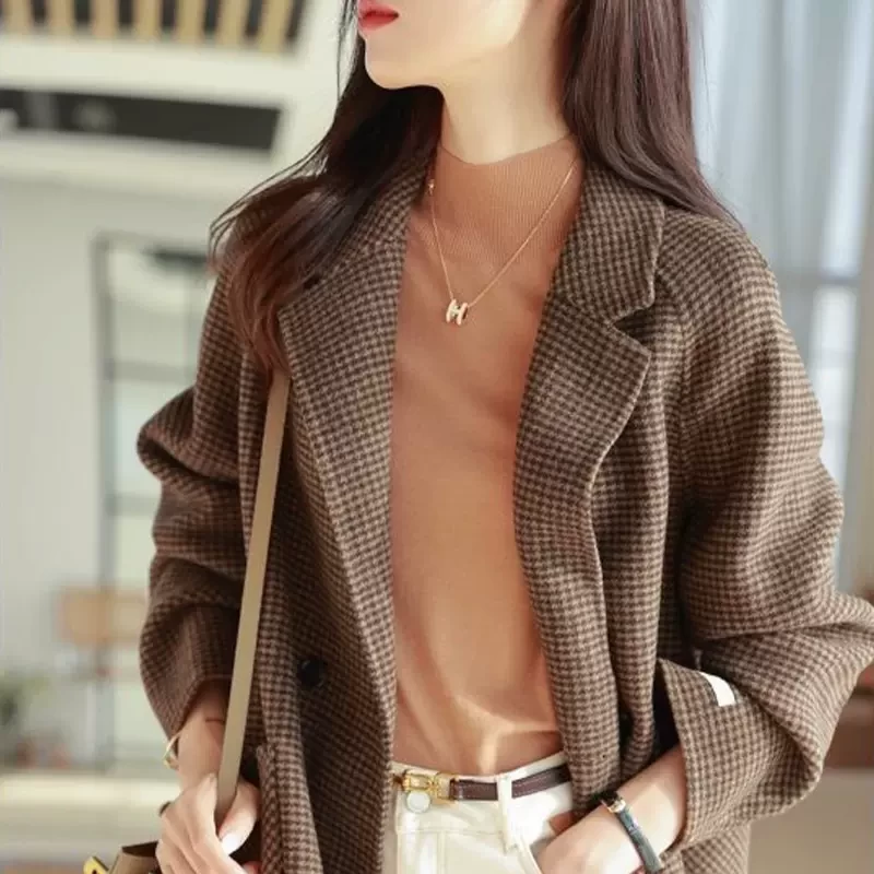 Houndstooth suit jacket women's high-end autumn and winter small fragrance mid-length thick woolen coat