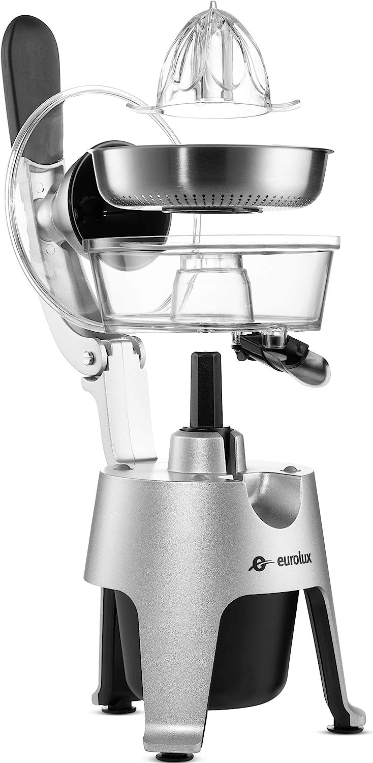 Eurolux Die Cast Stainless Steel Electric Citrus Juicer Squeezer, for Orange, Lemon, Grapefruit | 300 Watts of Power, With 2 Stainless Steel Filter Sizes for Pulp Control