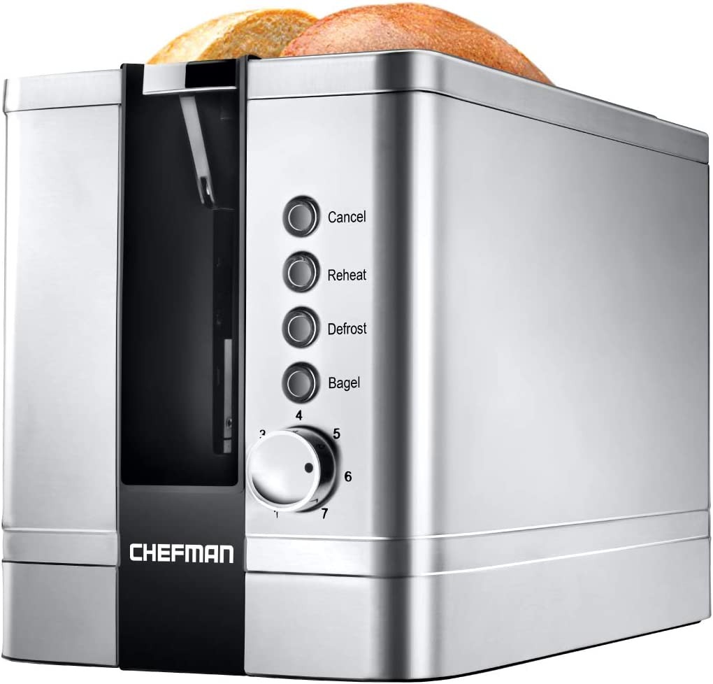 Chefman 2-Slice Pop-Up Stainless Steel Toaster w/ 7 Shade Settings, Extra Wide Slots for Toasting Bagels, Defrost/Reheat/Cancel Functions, Removable Crumb Tray, 850W, 120V, Silver