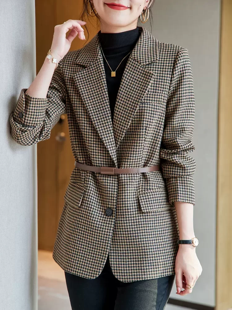 High-quality woolen suit jacket women autumn and winter new slim plaid British style houndstooth woolen coat women