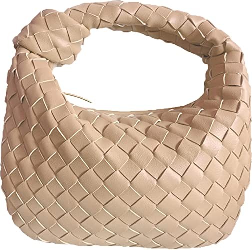 Women's Soft PU Leather Woven Handbag Summer Handmade Hobo Shoulder Bag Woven Clutch Knotted Casual Dumpling Bag (Apricot Color)