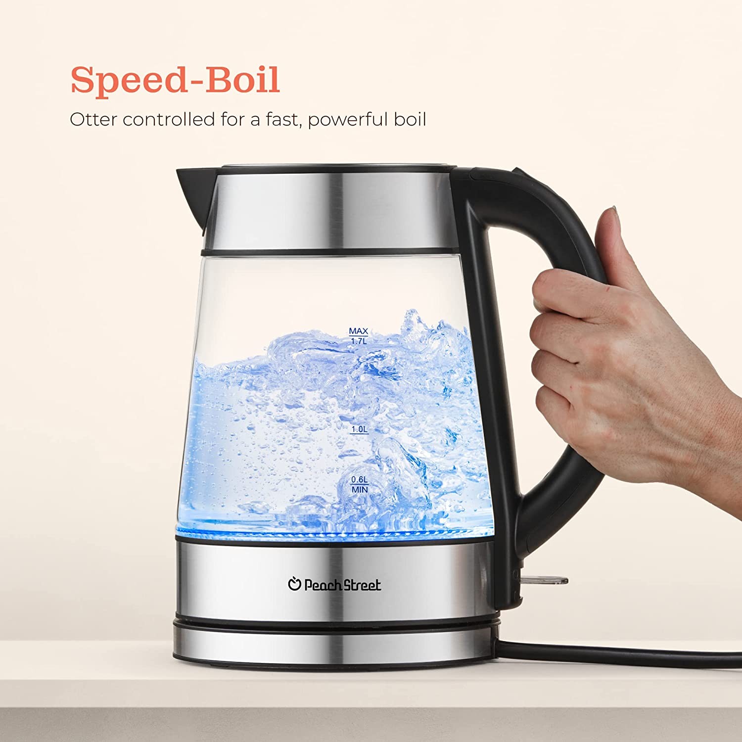 Speed-Boil Water Electric Kettle, 1.7L 1500W, Coffee & Tea Kettle Borosilicate Glass, Wide Opening, Auto Shut-Off, Cool Touch Handle, LED Light. 360° Rotation, Boil Dry Protection