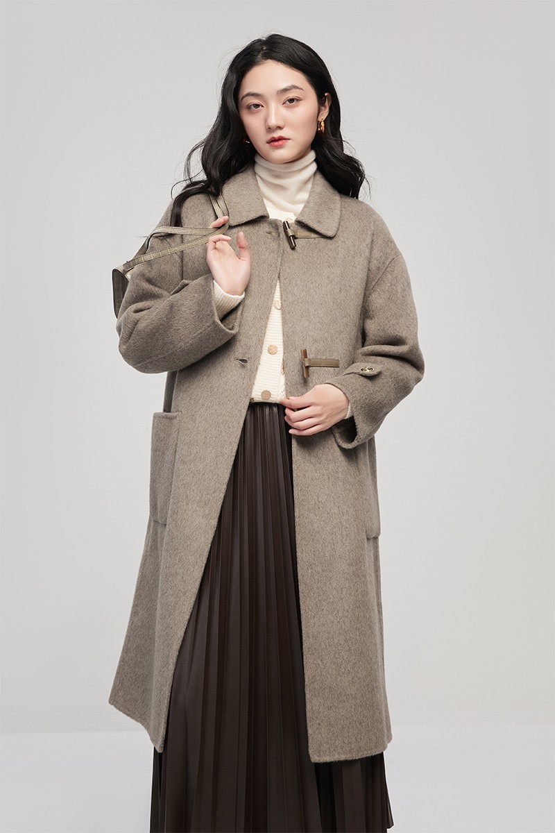 Mijia quality women's clothing, heavy pole wool, winter lapel, double pockets, long double-sided woolen coat, women's coat