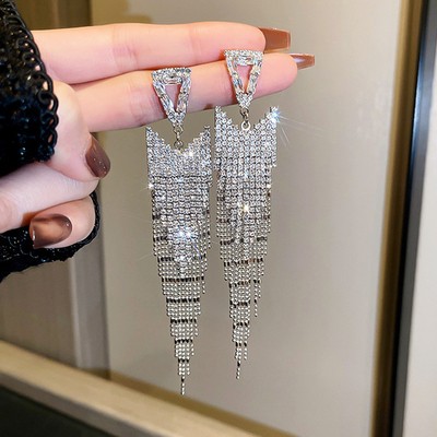 Korean light luxury fashion 925 silver needle triangular diamond tassel earrings female exaggerated earrings high-end ear jewelry