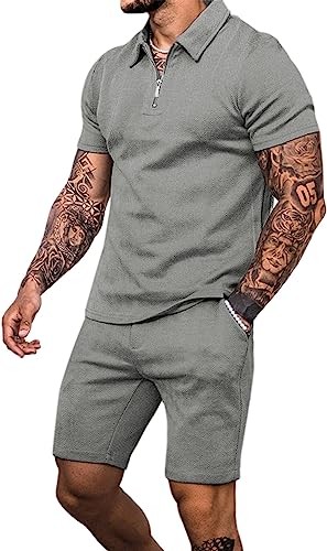 Babioboa Men's Short Sleeve Polo Shirt and Shorts Set Summer Two-Piece Suit 3 Pockets Zipper Tracksuit Casual Sports