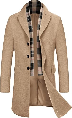 COOFANDY Men's Wool Blend Coat With Detachable Plaid Scarf Notched Collar Single Breasted Pea Coat