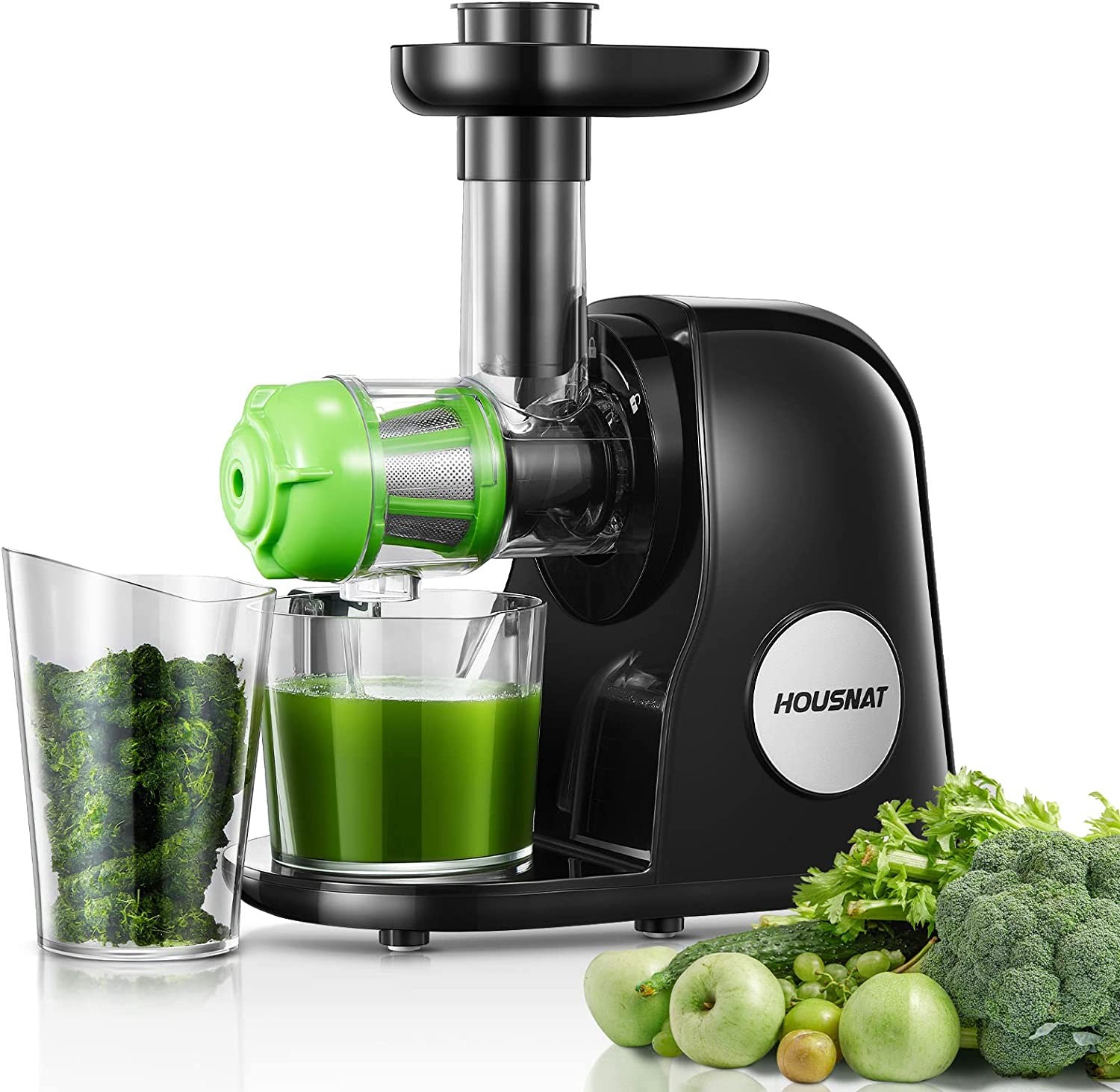 Juicer Machines, HOUSNAT Professional Celery Slow Masticating Juicer Extractor Easy to Clean, Cold Press Juicer with Quiet Motor and Reverse Function for Fruit & Vegetable, Brushes & Recipes Included,