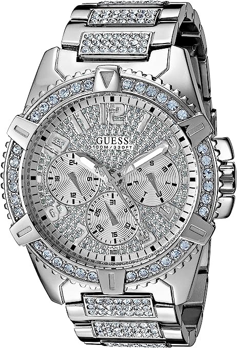 GUESS 48mm Crystal Decorated Watch, Silver Tone, Quartz Movement