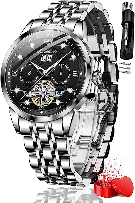 OLEVS Automatic Mechanical Black Watch Men's Self Winding Luxury Dress Tourbillon Silver Stainless Steel Waterproof Luminous Classic Watch