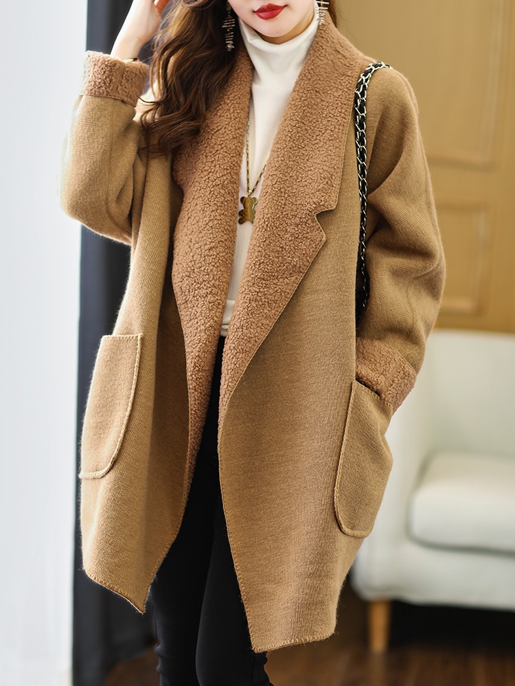 Yipinle European station large size new lapel wool stitching mid-length thickened coat loose fat sister women's clothing