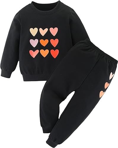 Cute Girls' Sportswear - Christmas Valentine's Day Heart Print Kids Clothes, Long Sleeve Sweatshirt and Sweatpants Set