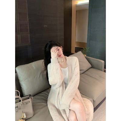 kubiliv [cream maple syrup] white mink velvet knitted long cardigan lazy fur coat women