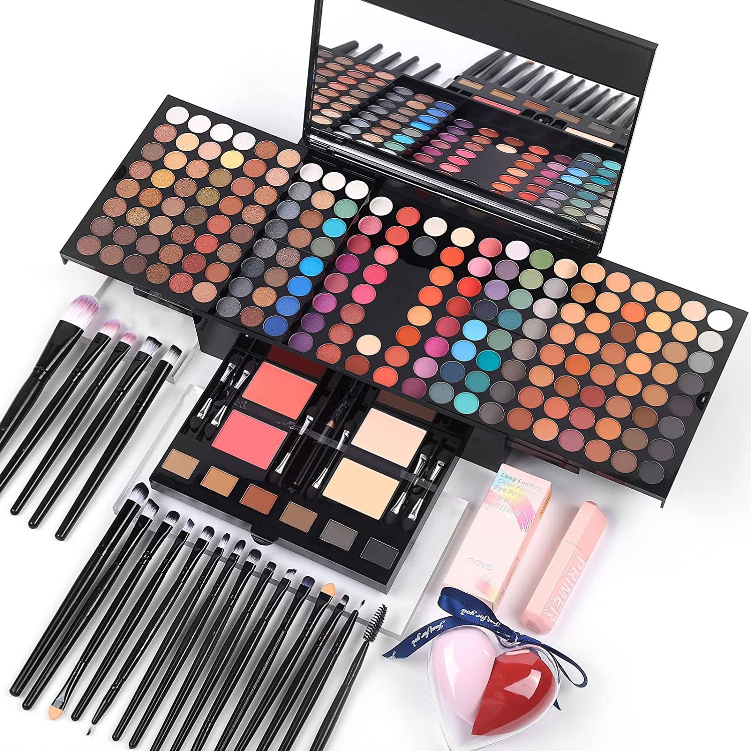 Makeup Gift Set for Women - 190 Colors Makeup Palette Including Eyeshadow, Blush, Brow Powder, Eyeliner, Mirror + 20pcs Makeup Brushes + Eyeshadow Primer + 2pcs Heart Sponge uff Makeup Set